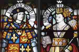 A stained glass window depicting Richard III and Queen Anne at Cardiff Castle