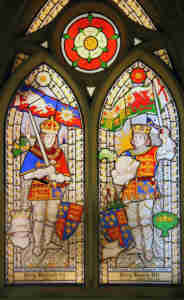 Stained glass window in St James Church in Sutton Cheney England Richard III left Henry VII right ithe Battle of Bosworth Field