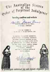 Sisters of the Order of Perpetual Indulgence ordination certificate to MAME Dennis in 1986