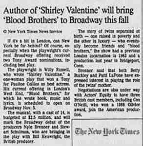 Blood Brothers 1993 Broadway NY Times Announce