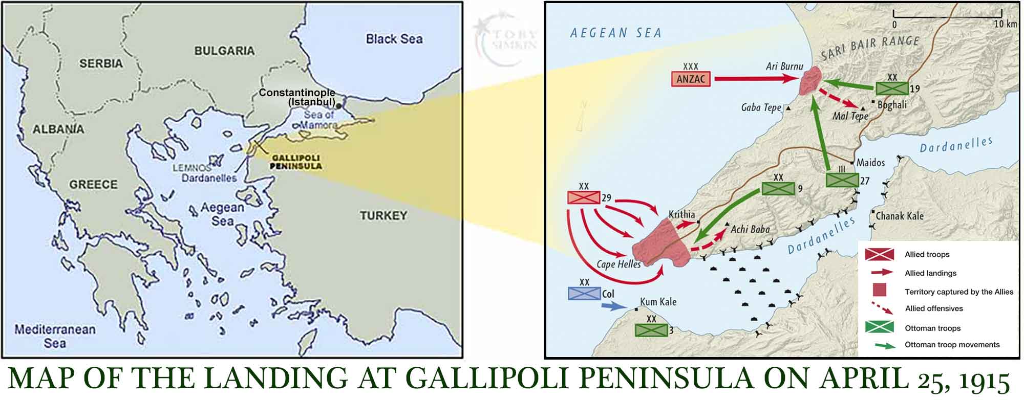 Map of the Landing at Gallipoli Peninsula in World War I at dawn on April 25, 1915 by ANZAC's