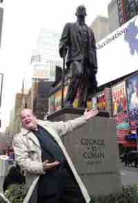 Toby Simkin in Times Square at George M Cohan Statue Give My Regards to Broadway
