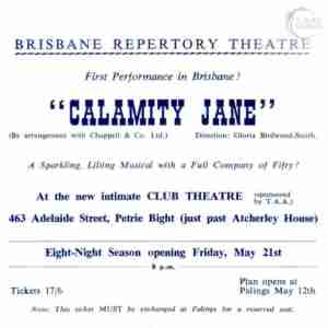 Brisbane Theatre History CALAMITY JANE TAA Theatre 1965 flyer