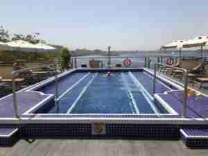 Toby in pool on Nile Cruise on 5 star Oberoi Philae