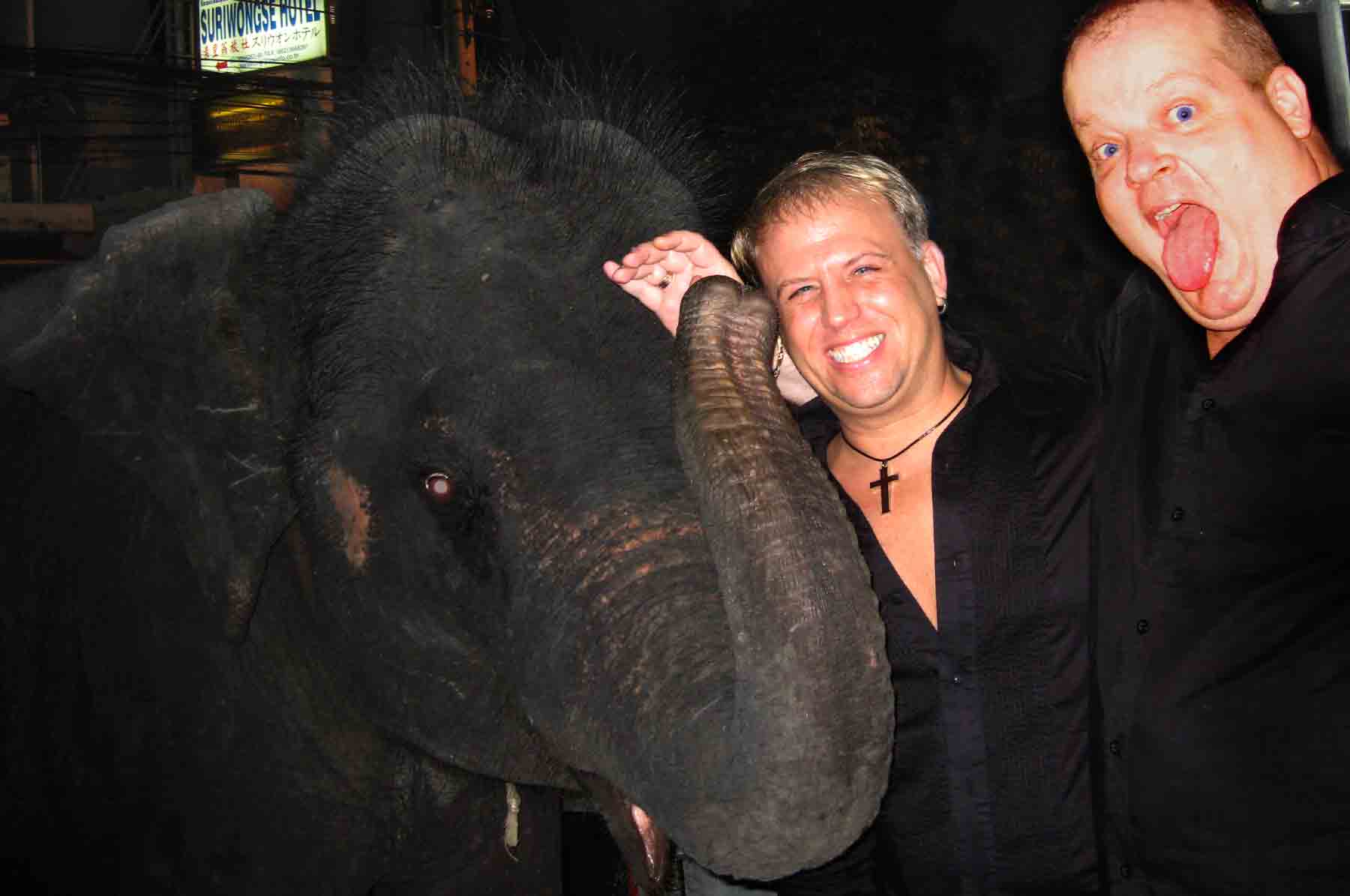 DJ and elephant (with Toby) in a Bangkok soi at around 2am on his birthday in 2006