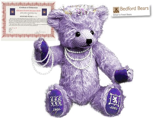 Bedford Bears HM Queen Elizabeth The Queen Mother c. Golden Jubilee 2002 14 inch Purple Lilac color from Covent Garden London England