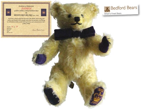 Bedford Bears HRH Prince Andrew c. Golden Jubilee 2002 8 inch Purple Golden color from Covent Garden London England
