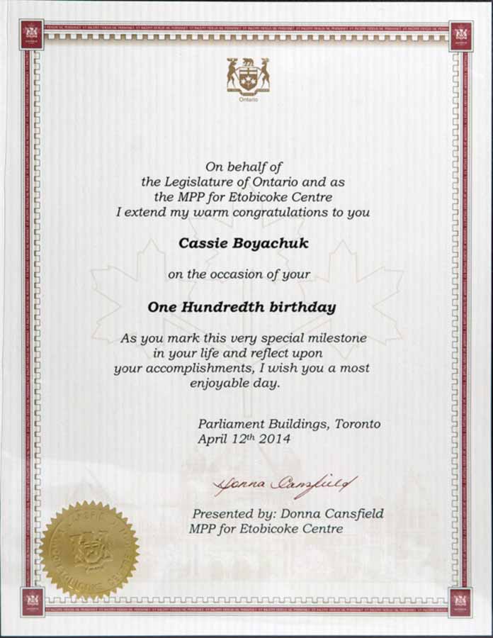 Cassie Boyachuk 100th Birthday Etobicoke Centre