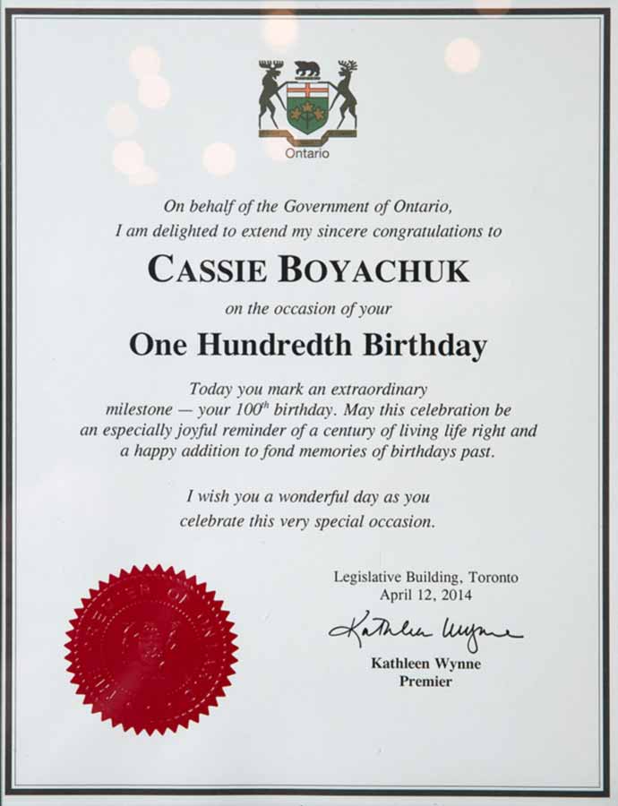 Cassie Boyachuk 100th Birthday Premier