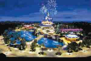 Shanghai Disney Rendering to Castle over pools